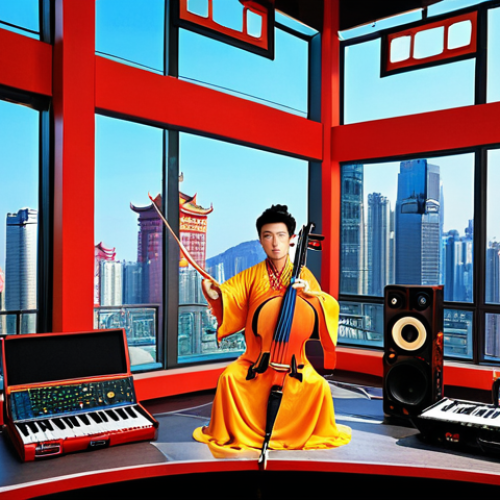 Home 4 **
A vibrant, colorful scene depicting a modern music studio. In the foreground, Jay Chou is seamlessly blending traditional Chinese instruments like the erhu with R&B production equipment. The background showcases a cityscape with both traditional Chinese architecture and modern skyscrapers, symbolizing the fusion of old and new in his music. The overall feel is energetic and innovative, appealing to a broad, global audience.
**